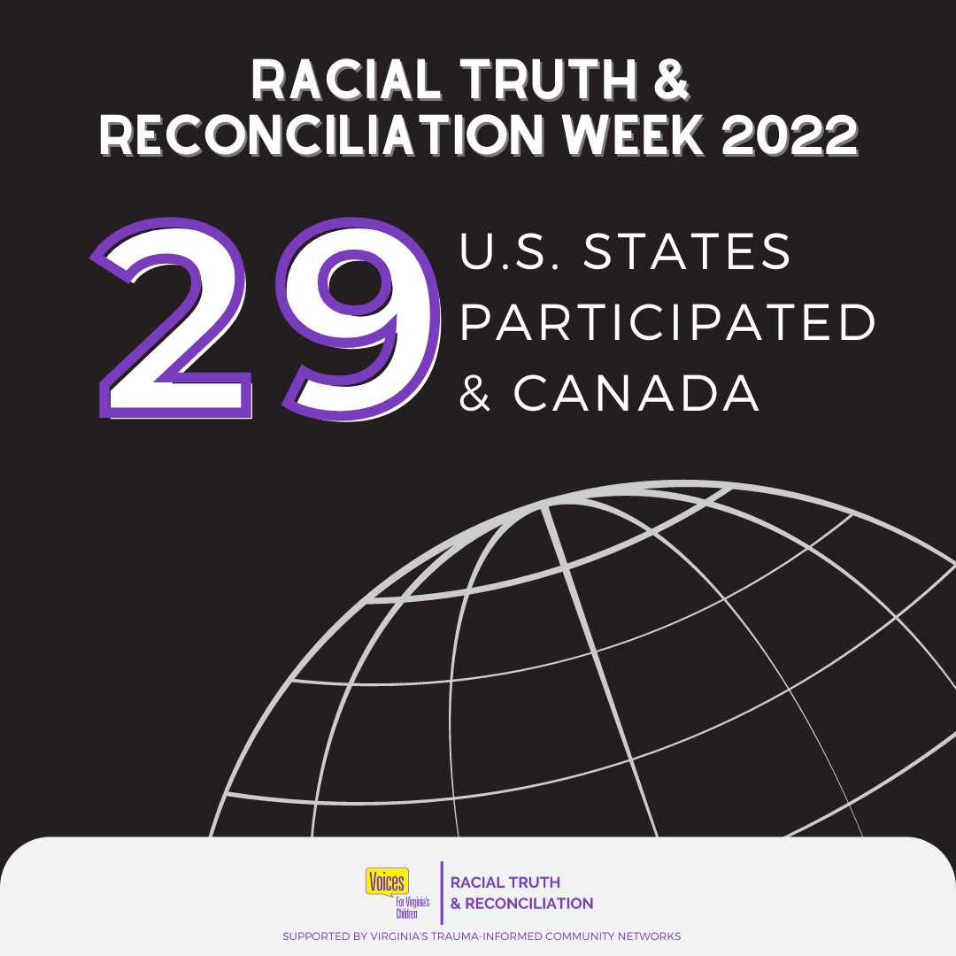 A graphic that says Racial Truth and Reconciliation Week 2022 at the top followed by the words 29 u.s. states participated and Canada and an icon of the globe. At the bottom there is a grey bar with the RTR logo in the center.