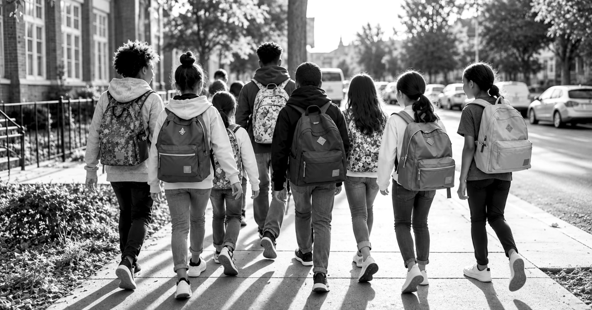 Children of different backgrounds walking together outdoors with backpacks.